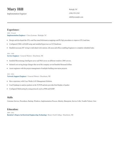 Implementation Engineer Resume