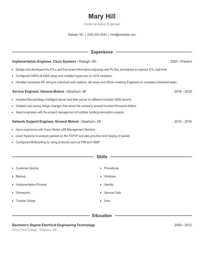 Implementation Engineer Resume