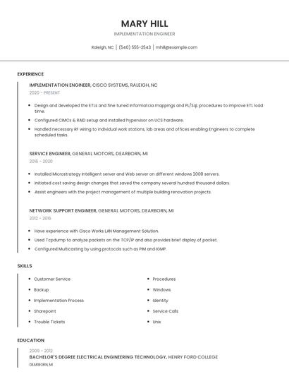 Implementation Engineer Resume