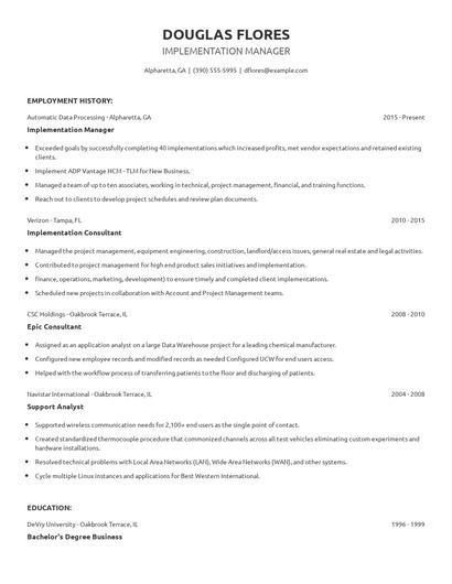 Implementation Manager Resume