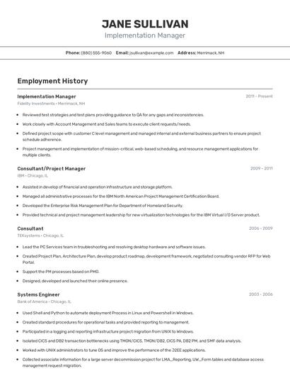 Implementation Manager Resume