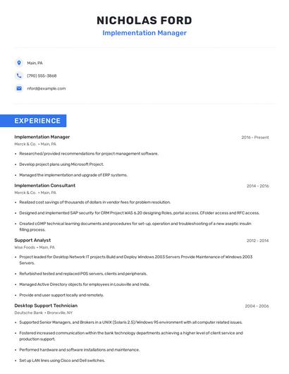 Implementation Manager Resume