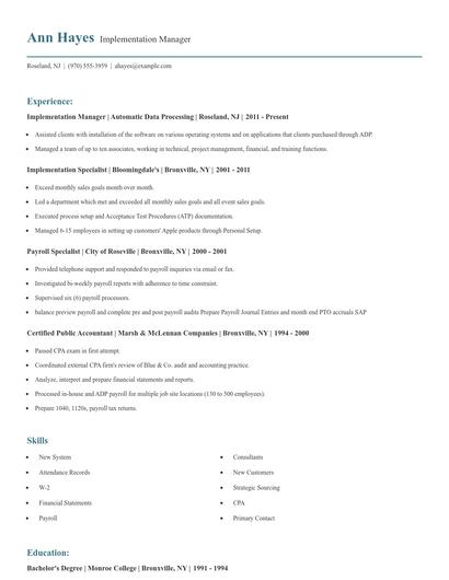 Implementation Manager Resume