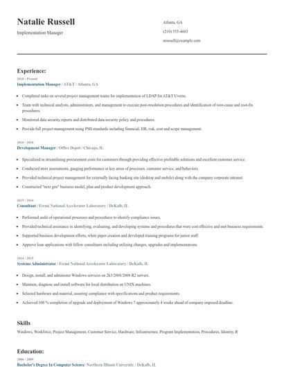 Implementation Manager Resume