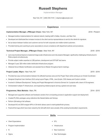 Implementation Manager Resume