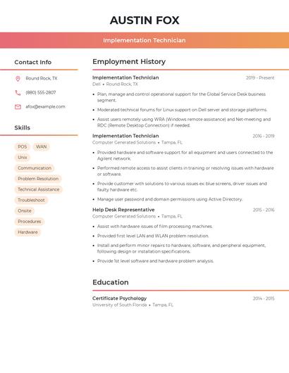 Implementation Technician Resume