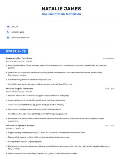 Implementation Technician Resume