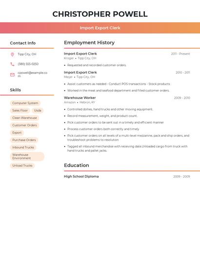 Import Export Clerk Resume