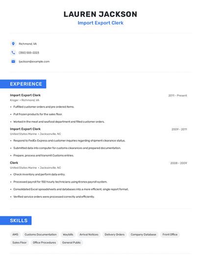 Import Export Clerk Resume