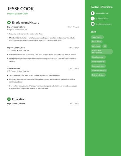 Import Export Clerk Resume