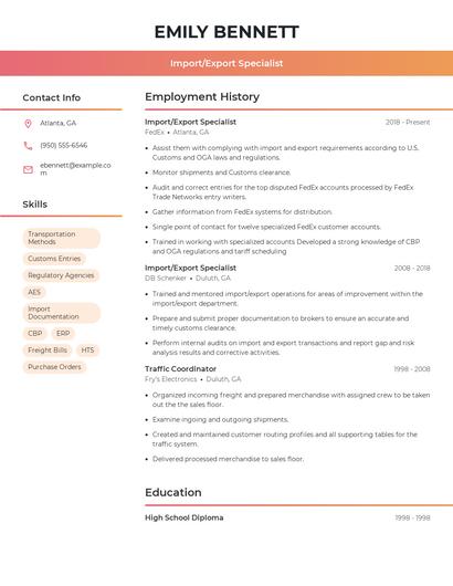 Import/Export Specialist Resume