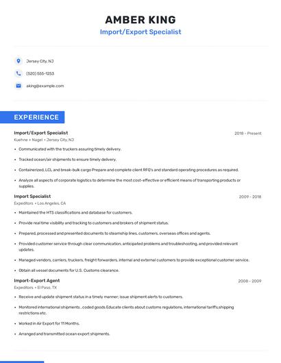Import/Export Specialist Resume
