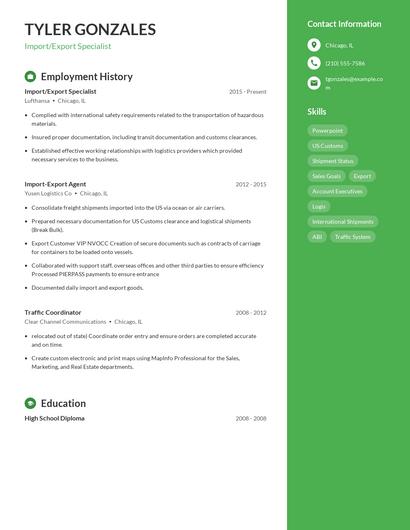 Import/Export Specialist Resume
