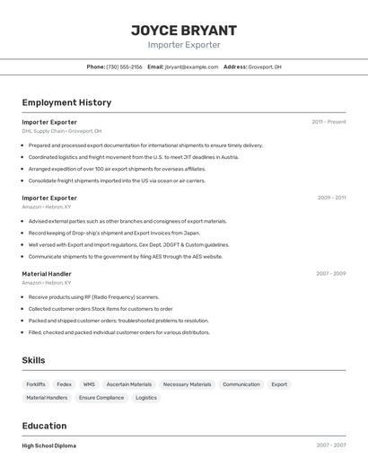 Importer Exporter Resume