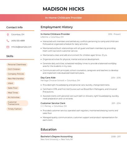 In-Home Childcare Provider Resume