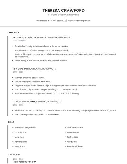 In-Home Childcare Provider Resume