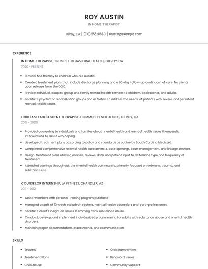 In Home Therapist Resume