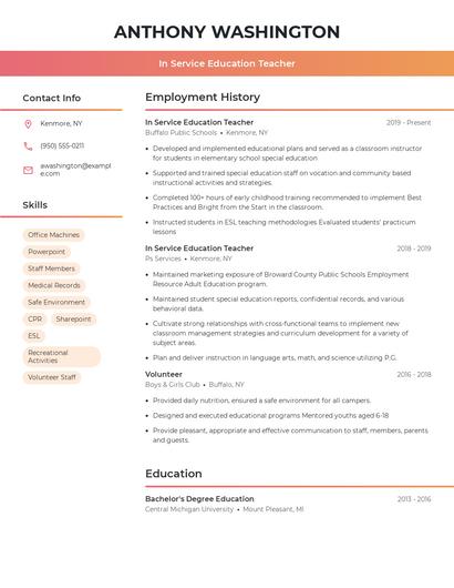 In Service Education Teacher Resume