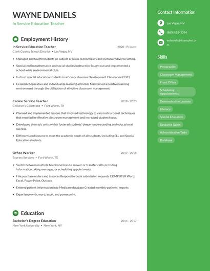 In Service Education Teacher Resume