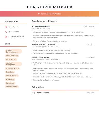 In Store Demonstrator Resume