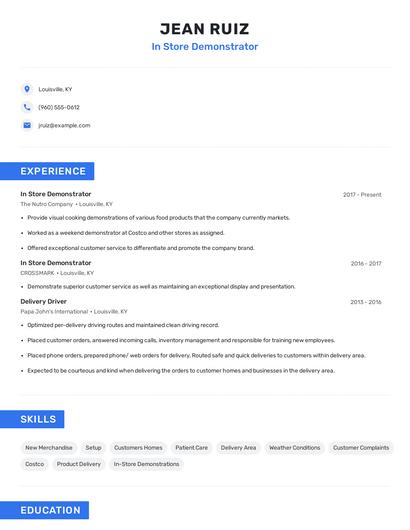 In Store Demonstrator Resume