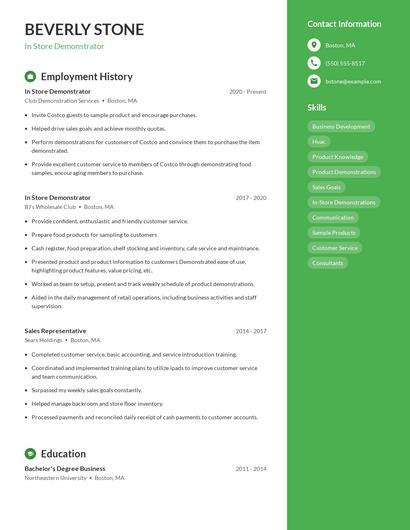 In Store Demonstrator Resume
