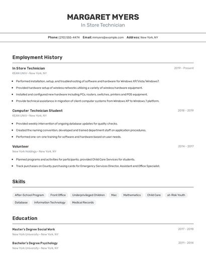 In Store Technician Resume