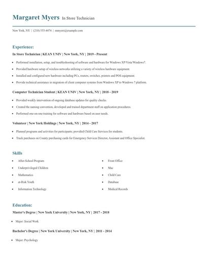 In Store Technician Resume