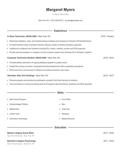 In Store Technician Resume