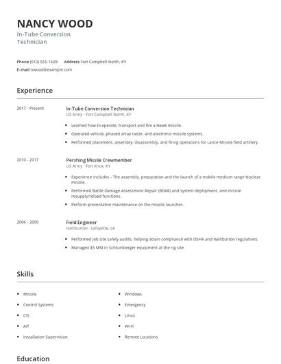 In-Tube Conversion Technician Resume