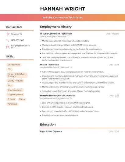 In-Tube Conversion Technician Resume