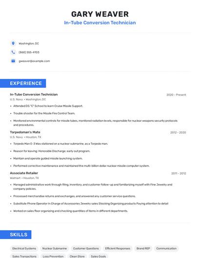 In-Tube Conversion Technician Resume