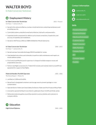 In-Tube Conversion Technician Resume