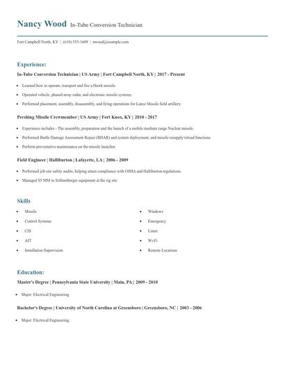 In-Tube Conversion Technician Resume