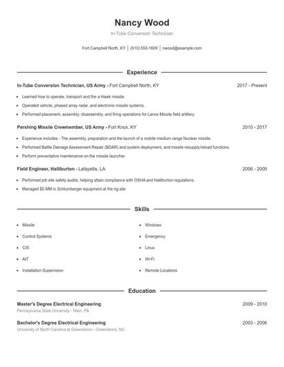 In-Tube Conversion Technician Resume