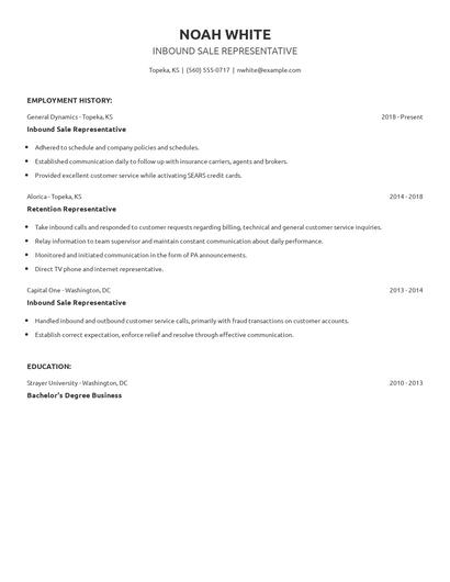 Inbound Sale Representative Resume