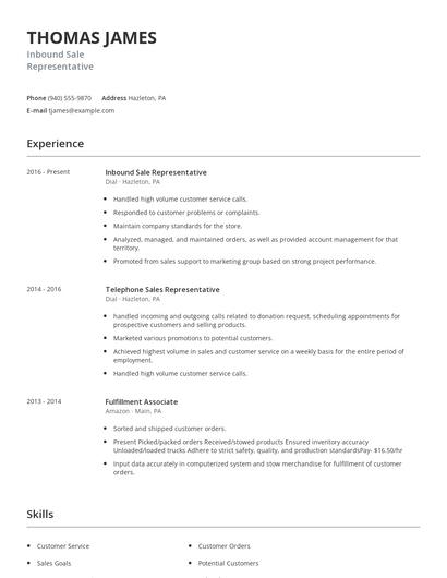 Inbound Sale Representative Resume