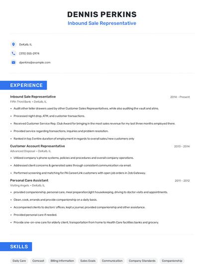 Inbound Sale Representative Resume