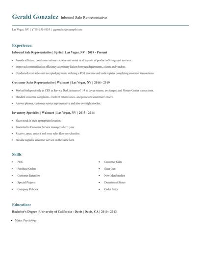 Inbound Sale Representative Resume