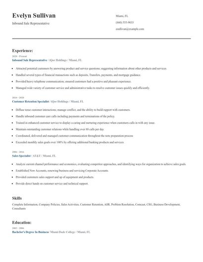 Inbound Sale Representative Resume