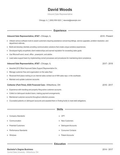 Inbound Sale Representative Resume