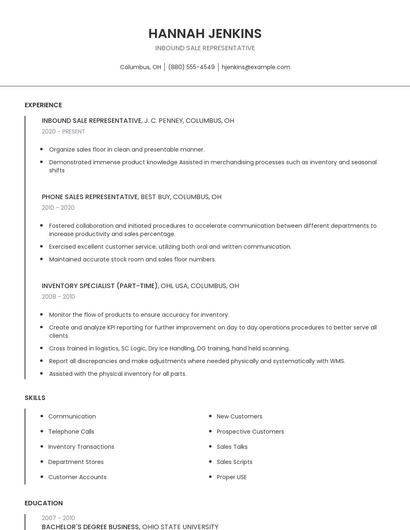 Inbound Sale Representative Resume