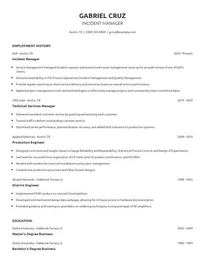 Incident Manager Resume