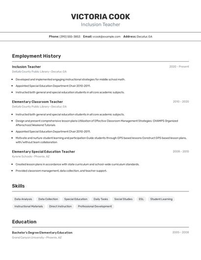 Inclusion Teacher Resume