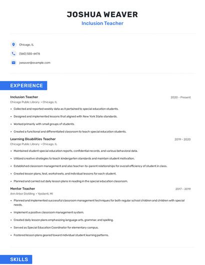 Inclusion Teacher Resume
