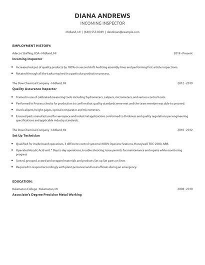 Incoming Inspector Resume