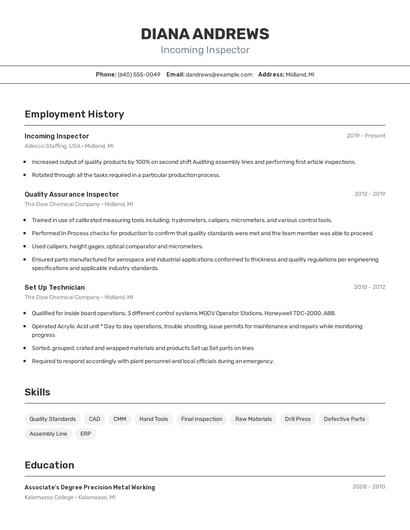 Incoming Inspector Resume