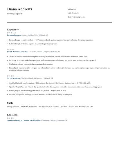 Incoming Inspector Resume