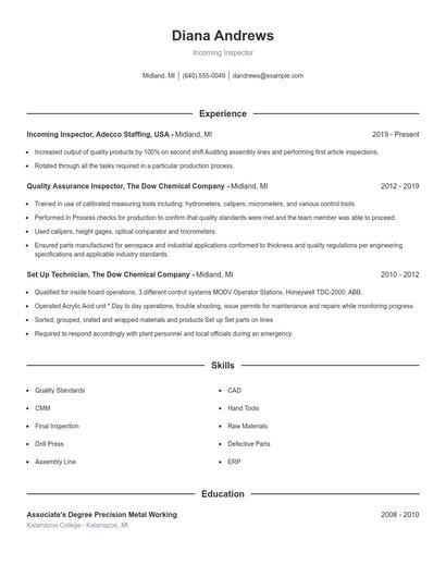 Incoming Inspector Resume