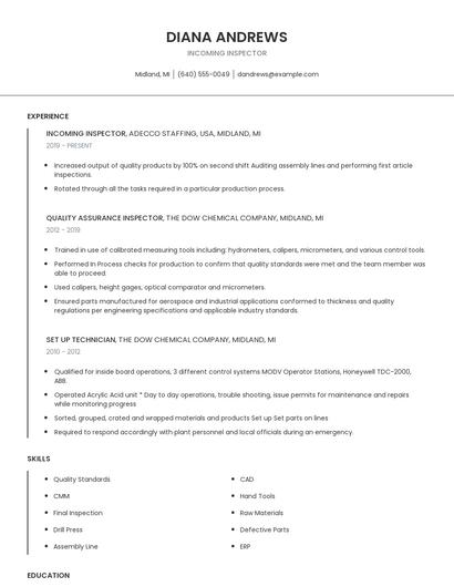 Incoming Inspector Resume